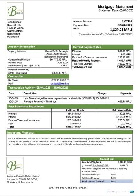 Mauritania Banque Al Wava Mauritanienne Islamique mortgage statement Word and PDF template